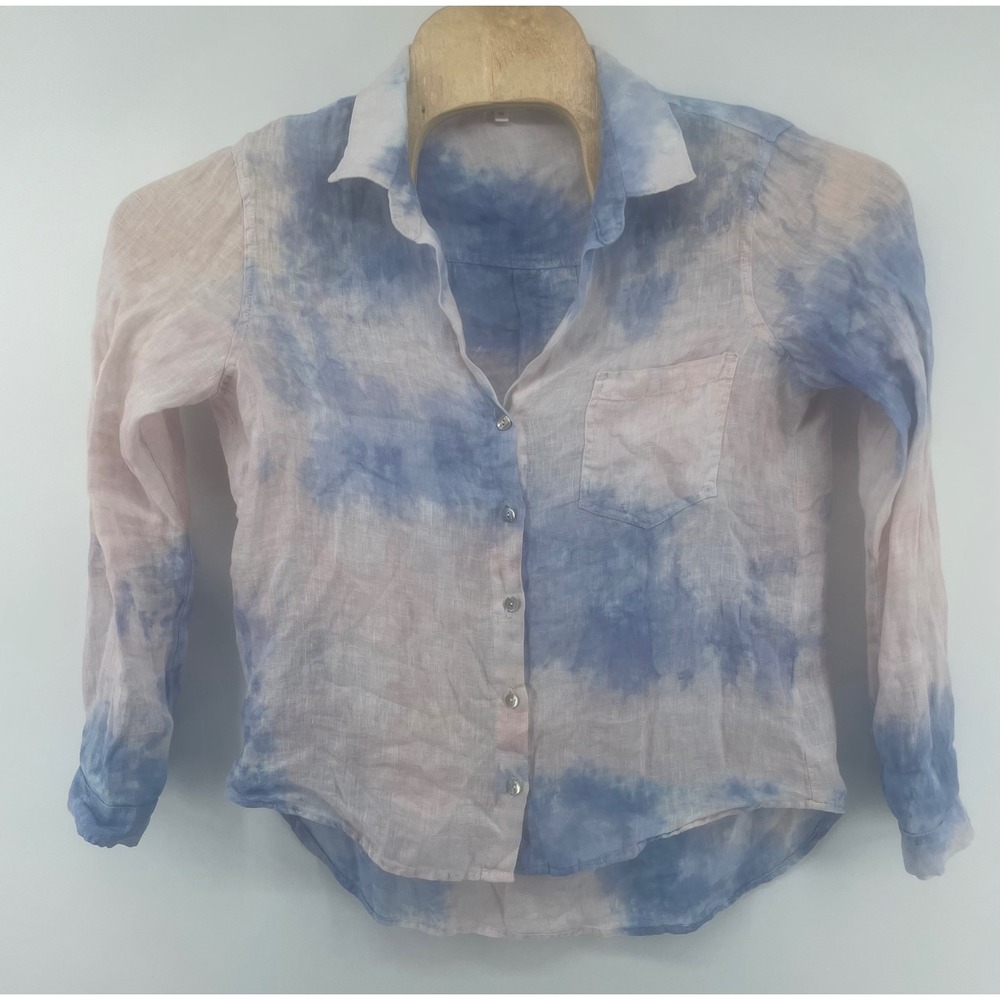 Bella Dahl Button Down Shirt M Blue Pink Tie Dye 100% Linen Long Sleeve Coastal